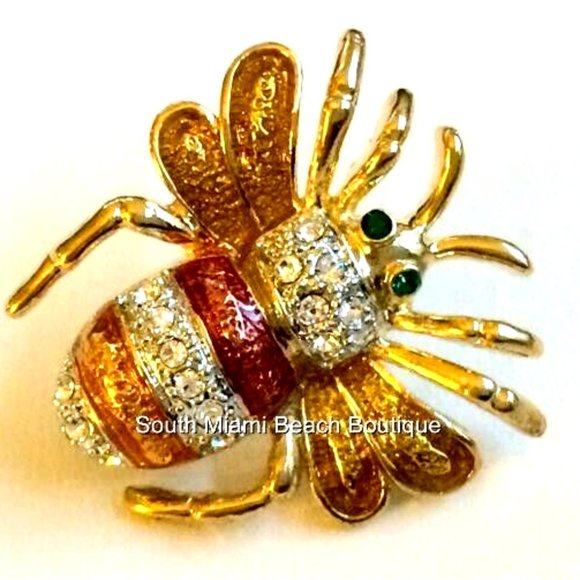 Bumble Bee Lapel Pin Brooch Gold Plated Crystal Tie Tac Hat Enamel Insect - Picture 2 of 9